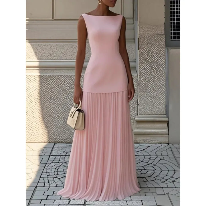 Front view of women's long pleated boat neck dress. Sleeveless and elegant, suitable for spring parties or events.