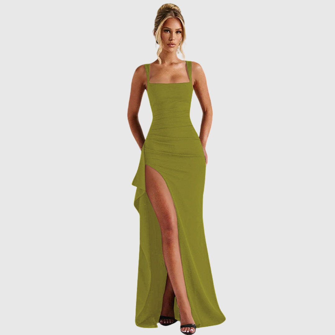 Glamorous women's ruched split maxi dress, a perfect bodycon gown for formal evenings.