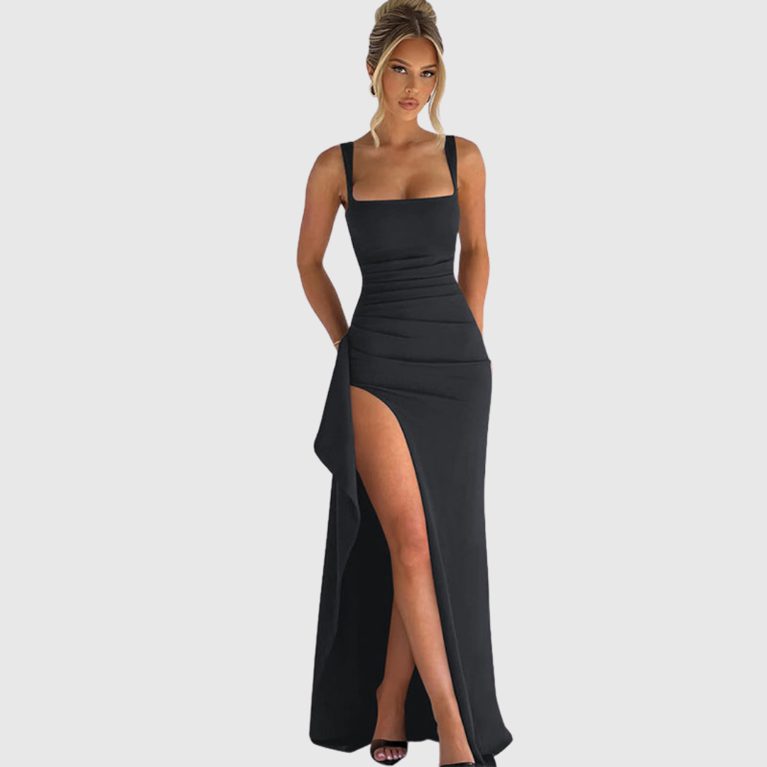 Elegant women's bodycon maxi dress, ideal wedding guest attire or formal evening wear.