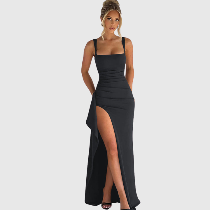 Elegant women's bodycon maxi dress, ideal wedding guest attire or formal evening wear.