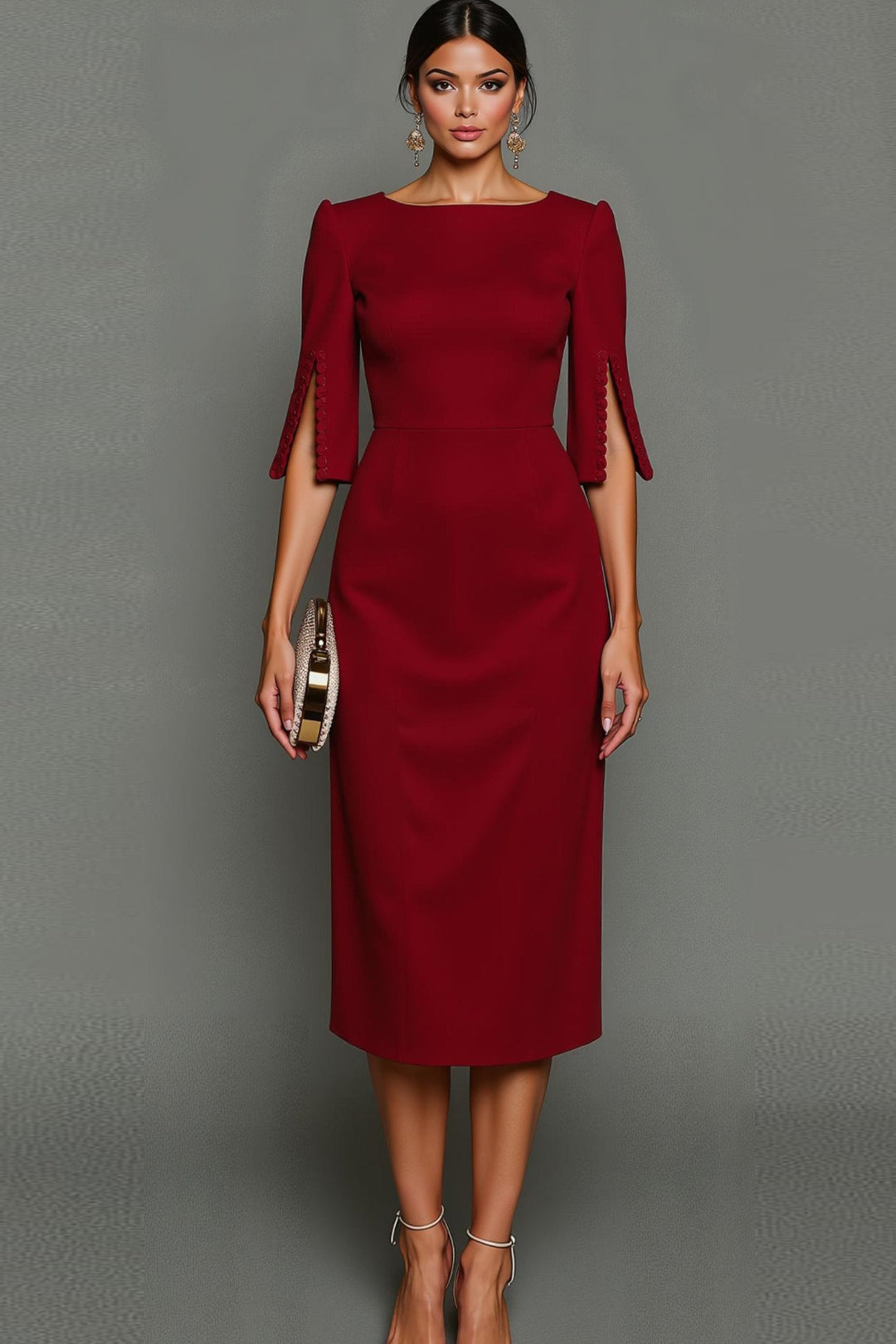 Fitted women's cocktail midi dress, a stunning bodycon silhouette with stylish half sleeves for elegant parties.