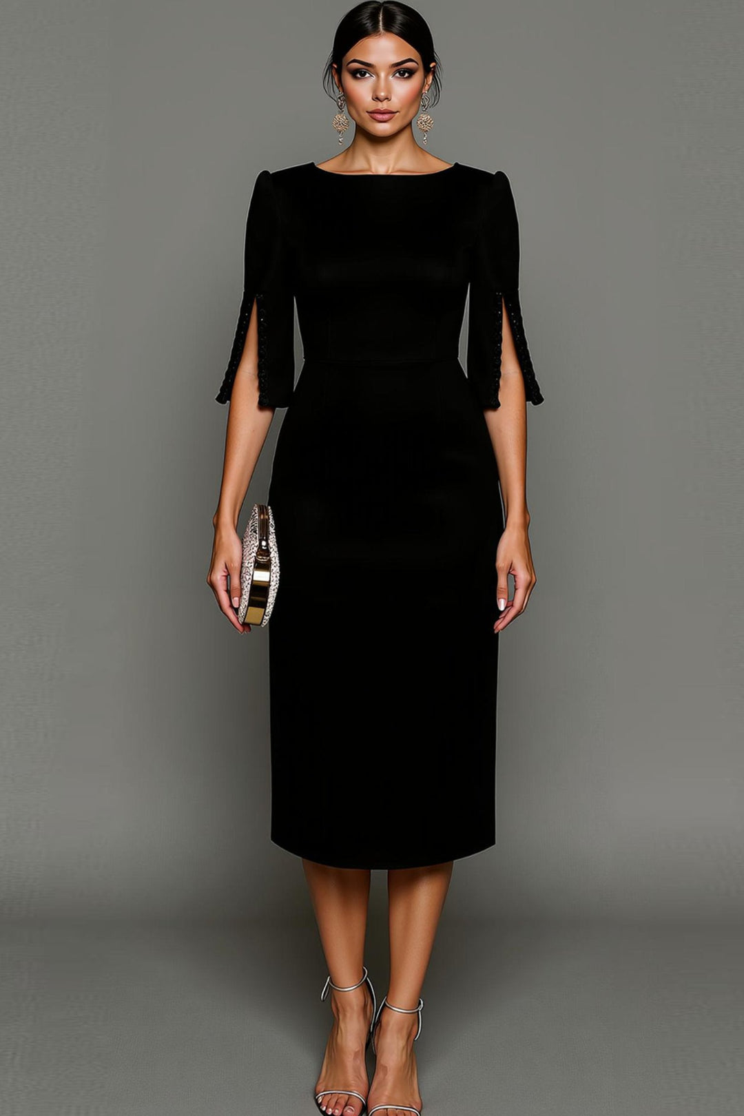 Sophisticated women's half-sleeve bodycon midi dress, a flattering choice for formal gatherings & evening events.