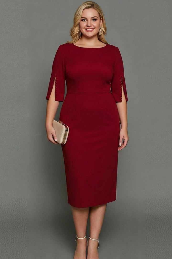Modest yet stylish women's formal midi dress with half sleeves, designed in a classic bodycon for any occasion.