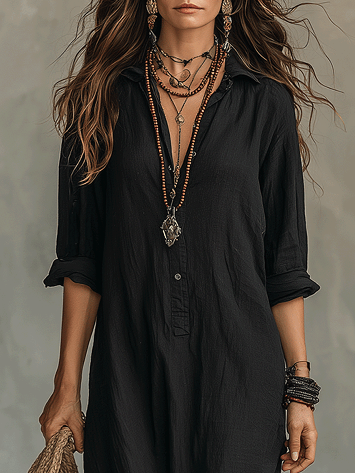 Effortless women's bohemian button-front maxi dress, a long summer dress for casual elegance & boho chic.