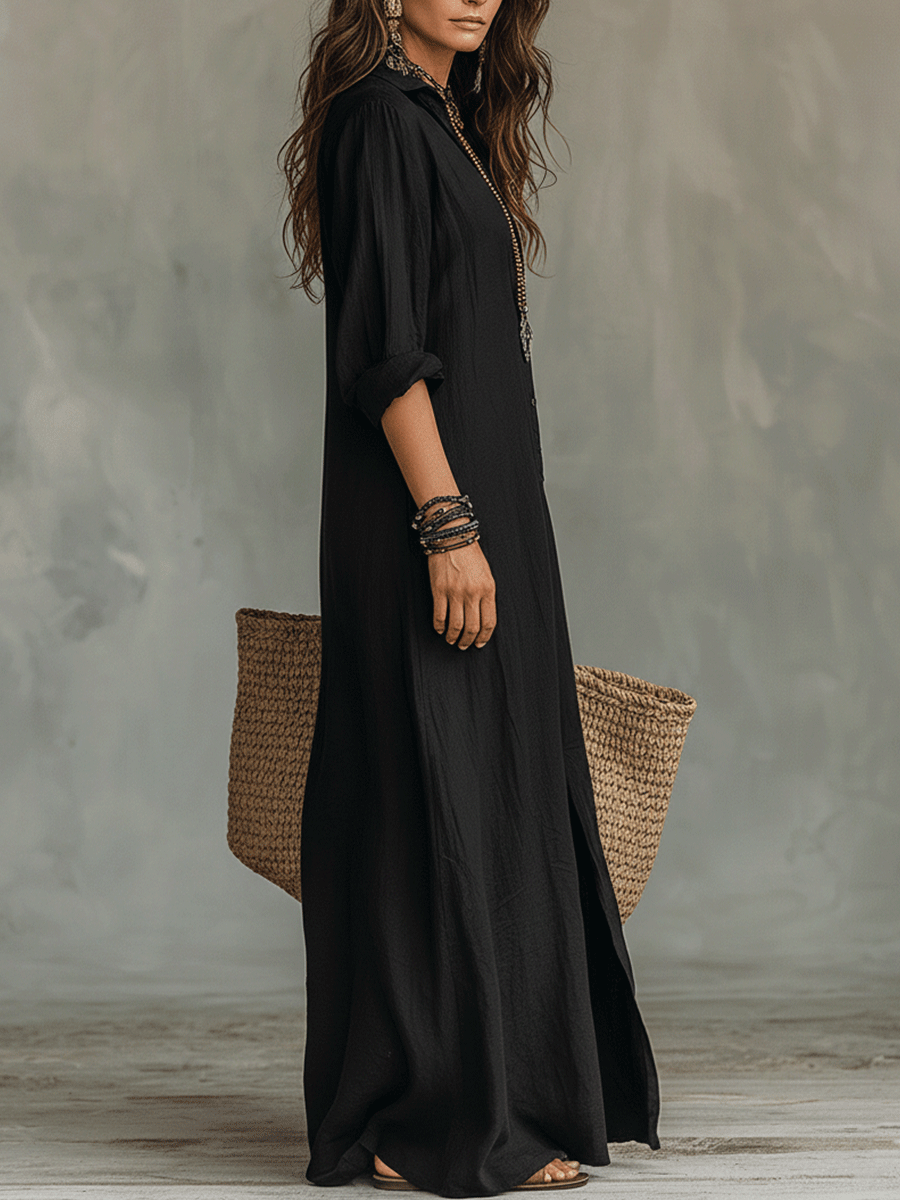 Lightweight bohemian button-front maxi dress for women, essential for comfortable and chic summer style.