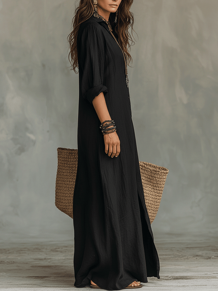 Lightweight bohemian button-front maxi dress for women, essential for comfortable and chic summer style.