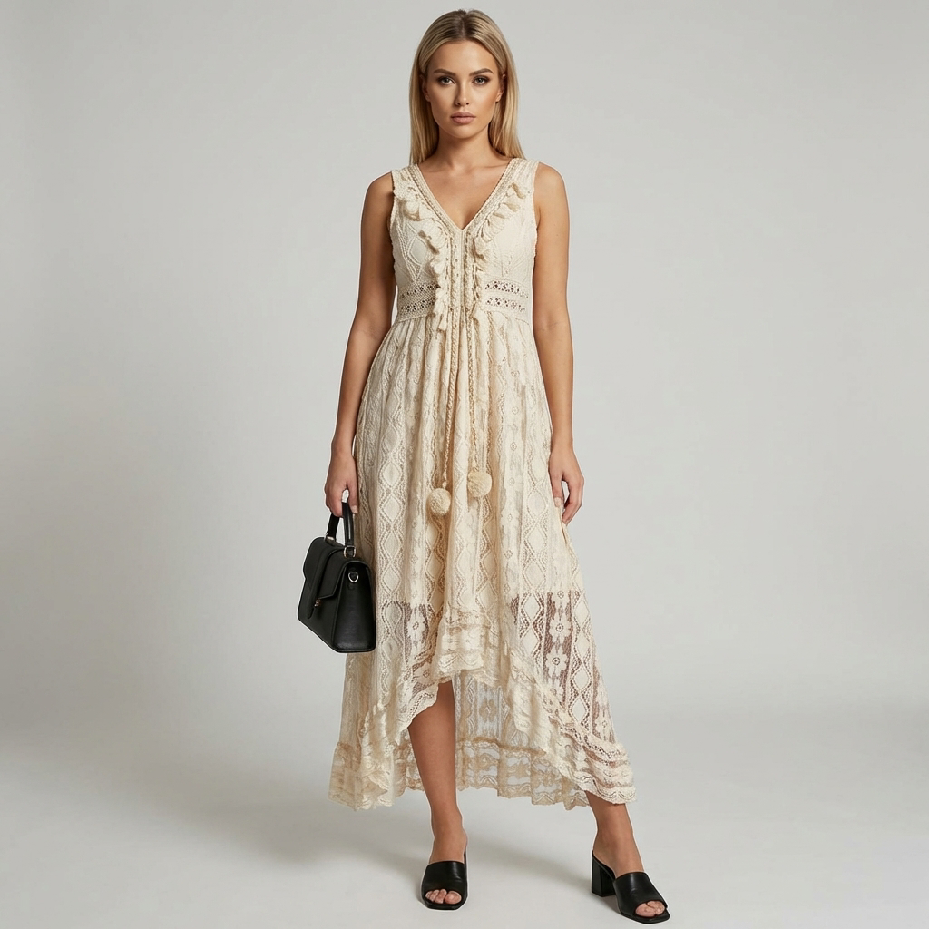 Elegant women's bohemian maxi dress with delicate lace details & flowy flared sleeves, perfect for summer vacation.