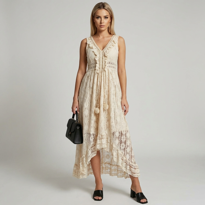 Elegant women's bohemian maxi dress with delicate lace details & flowy flared sleeves, perfect for summer vacation.