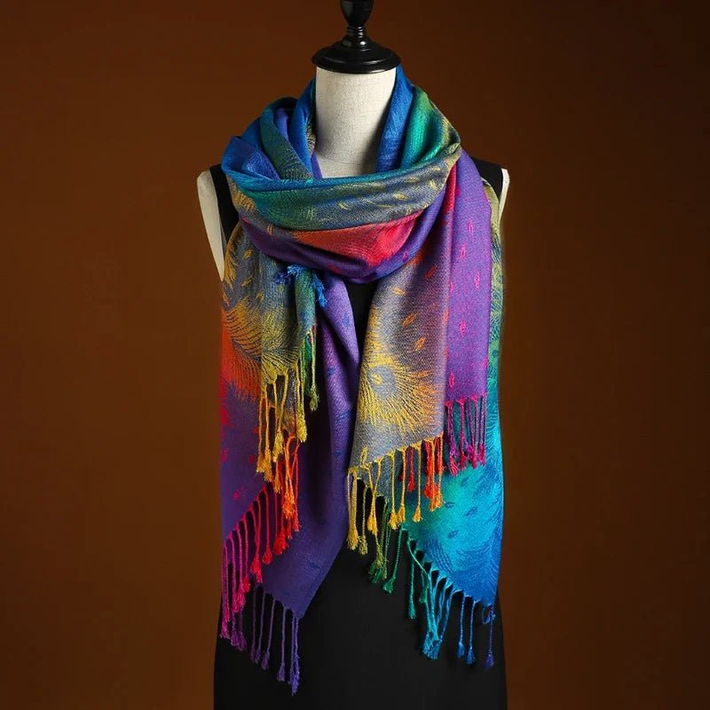 Colorful peacock pattern wrap for women, featuring a stylish bohemian design and delicate fringe.