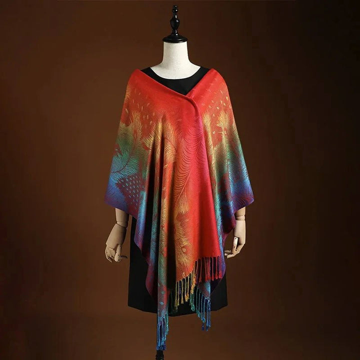 Women's accessory: A stunning bohemian scarf with an intricate peacock design & chic fringe.
