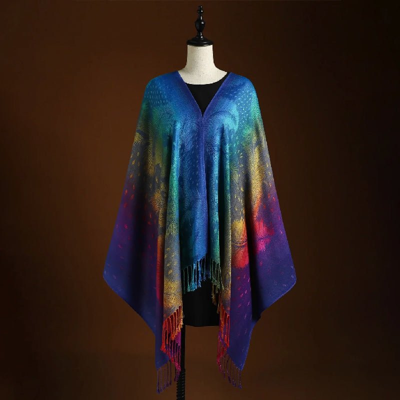 Fashionable women's wrap, a soft peacock pattern shawl with elegant bohemian style & fringe details.