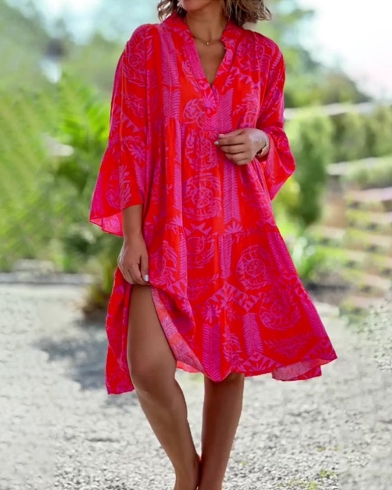 Flowy patterned Bohemian Midi Dress for women, ideal for beach days, resorts, or chic summer outfits.