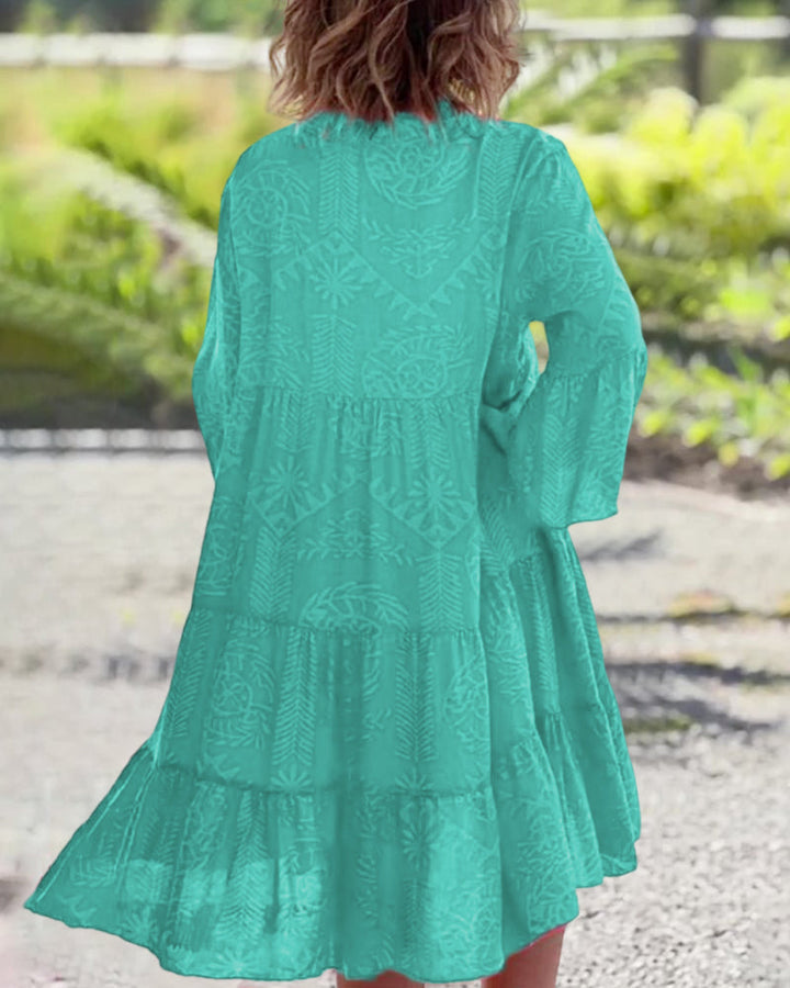Bohemian style women's patterned midi dress, excellent for a comfortable yet fashionable summer or resort look.