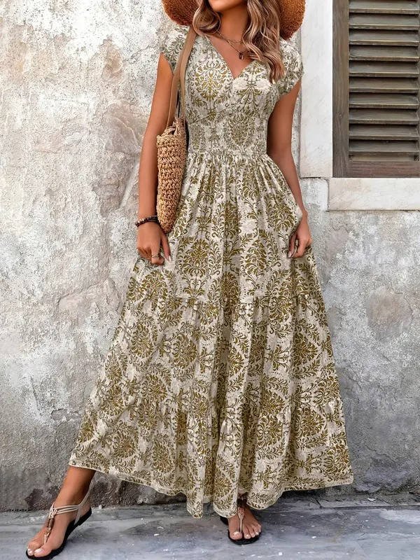 Elegant Women's Boho V-Neck Maxi Dress, perfect for summer parties. Flowy and comfortable style.