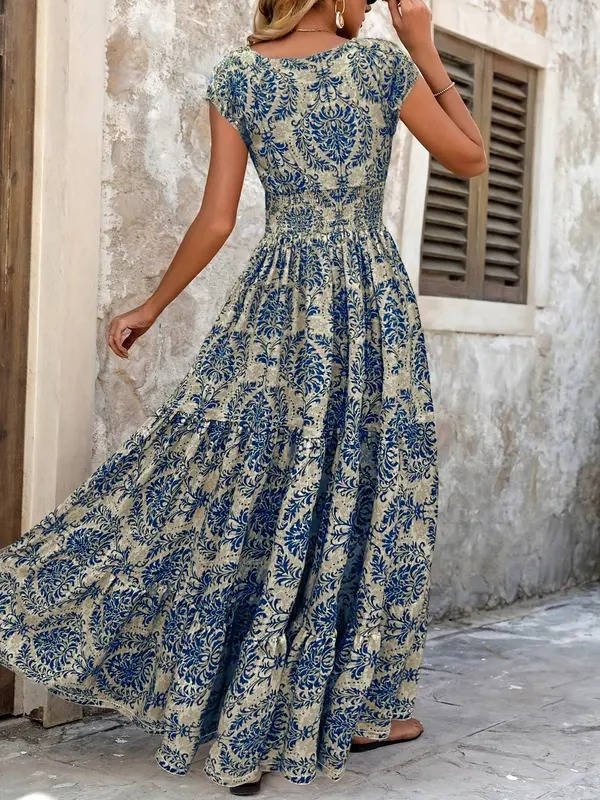Stylish Women's Boho V-Neck Maxi Dress, elegant flowy design. Perfect for versatile summer occasions.