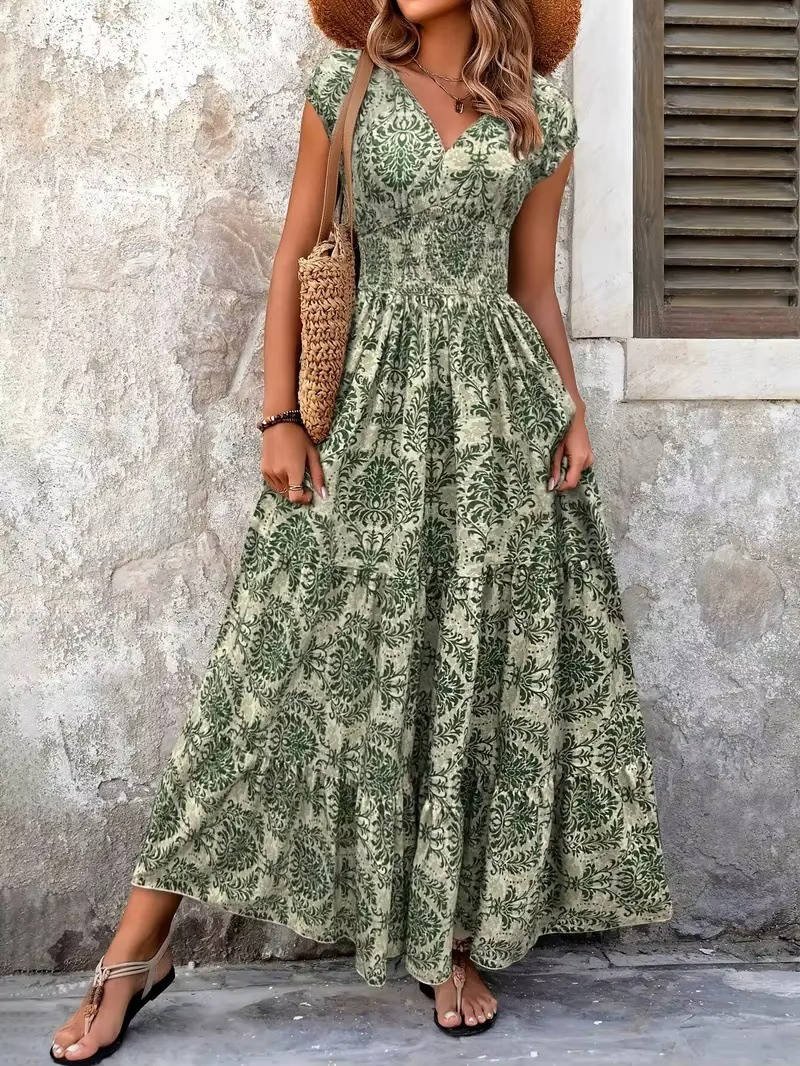 Flowy V-Neck Maxi Dress for women. Elegant boho style, great for summer or casual wear.