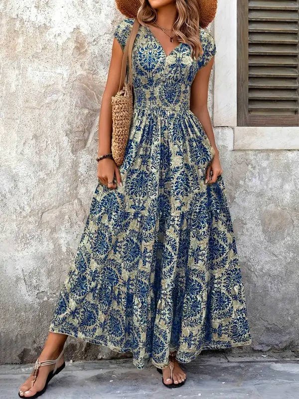 Versatile Women's Boho Maxi Dress. Elegant V-neck design, suitable for formal or casual occasions.