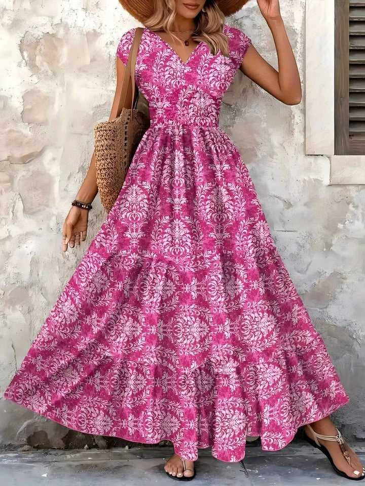 Stunning Women's Boho V-Neck Maxi Dress. Elegant, flowy, versatile for summer, party or casual wear.