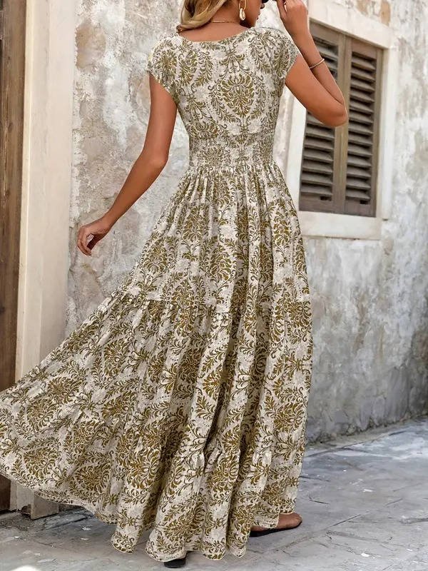 Women's elegant V-Neck Maxi Dress with boho flowy style, perfect for summer parties & casual events.