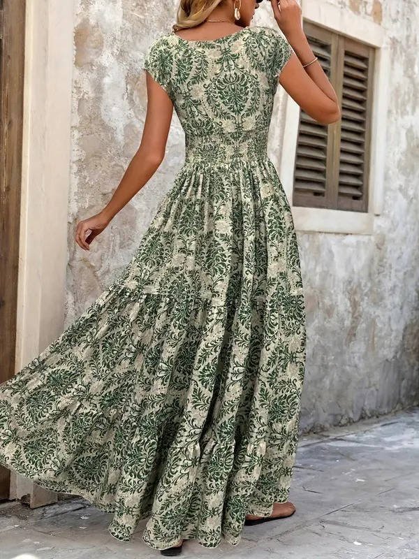 Long elegant Women's Boho Maxi Dress, V-neck, flowy. Ideal for summer, party, formal or casual wear.