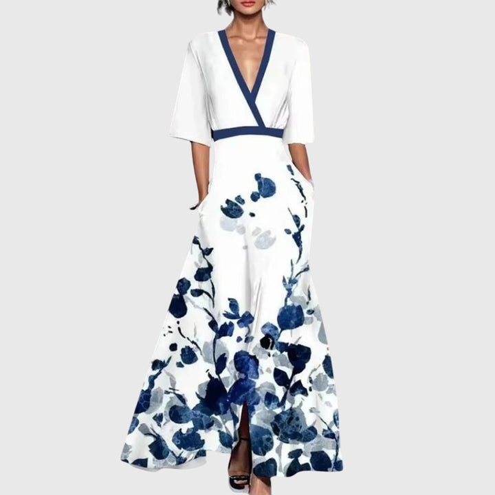 Elegant women's bold floral deep V-neck flowy maxi dress. Perfect summer dress for parties & wedding guests.