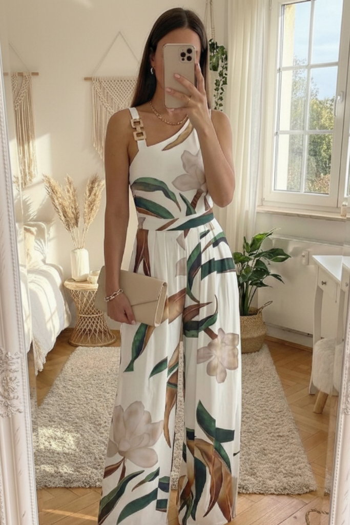 Elegant women's botanical floral print wide leg jumpsuit with deep V-neck, perfect for summer vacation or party.