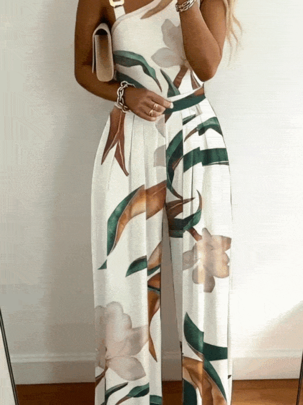 Chic women's botanical print jumpsuit with wide legs and deep V-neck, an elegant choice for summer parties and vacation.