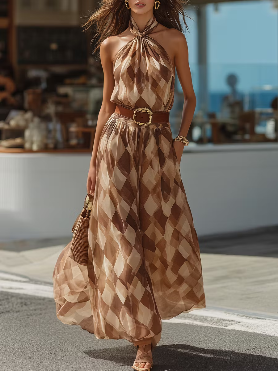 Elegant women's brown halter maxi dress with intricate geometric print, perfect for summer parties & special occasions.
