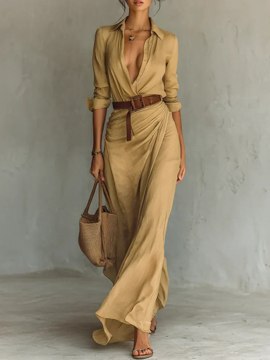 Elegant women's brown lapel long sleeve belted maxi dress, perfect for sophisticated casual or formal wear.