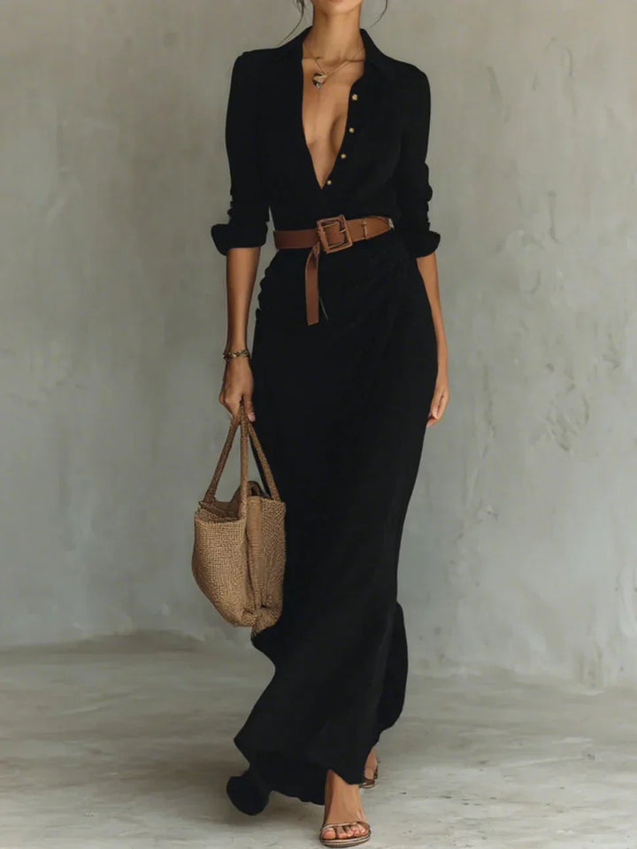 Versatile black long sleeve maxi dress with lapel collar & belt, ideal for women's casual or formal occasions.