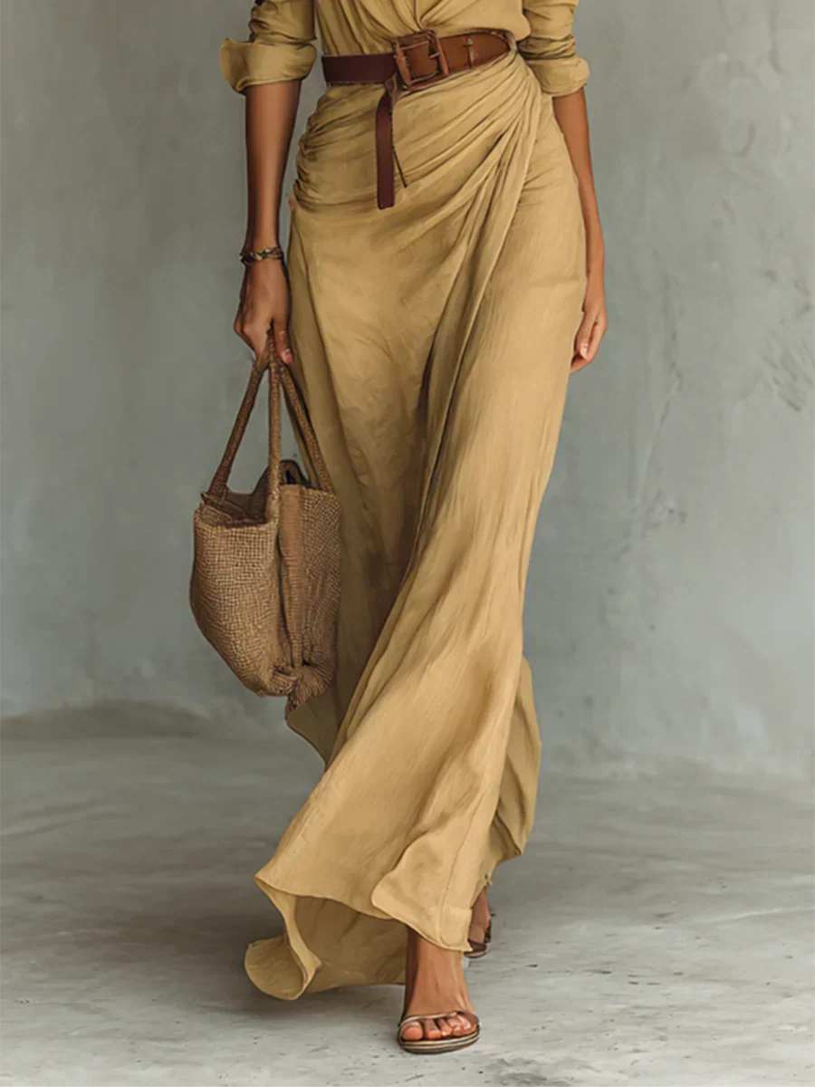 Sophisticated women's belted lapel maxi dress with long sleeves, offering an elegant & flattering silhouette.