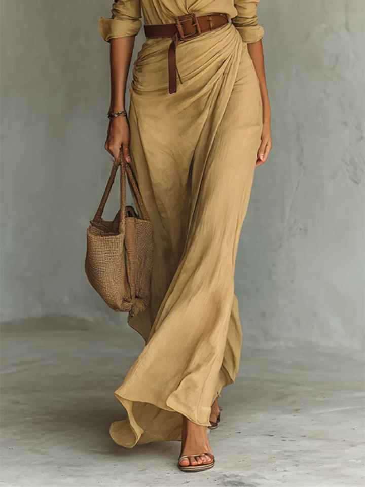 Sophisticated women's belted lapel maxi dress with long sleeves, offering an elegant & flattering silhouette.