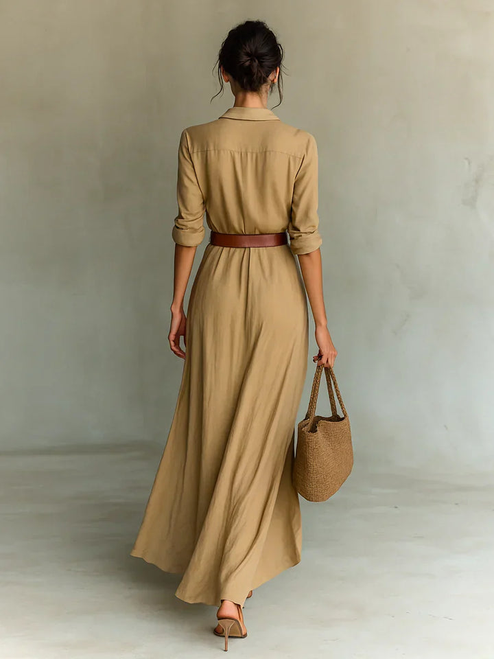 Stylish women's long sleeve belted lapel maxi dress in a deep brown hue, offering an elegant & refined look.