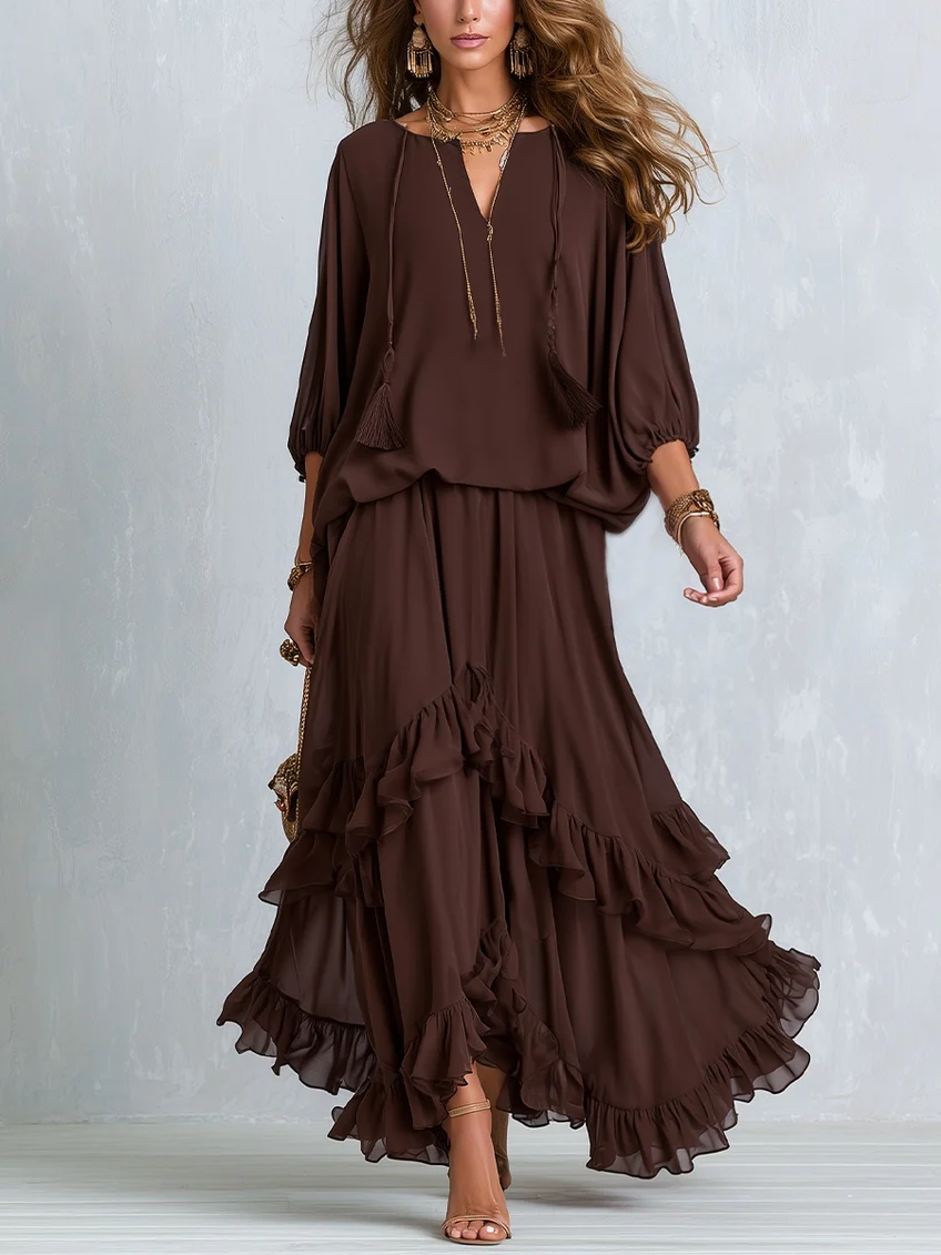 Elegant women's brown wrap maxi dress with V-neck, long sleeves, and flowy tiered ruffle hem. Perfect for autumn fashion.