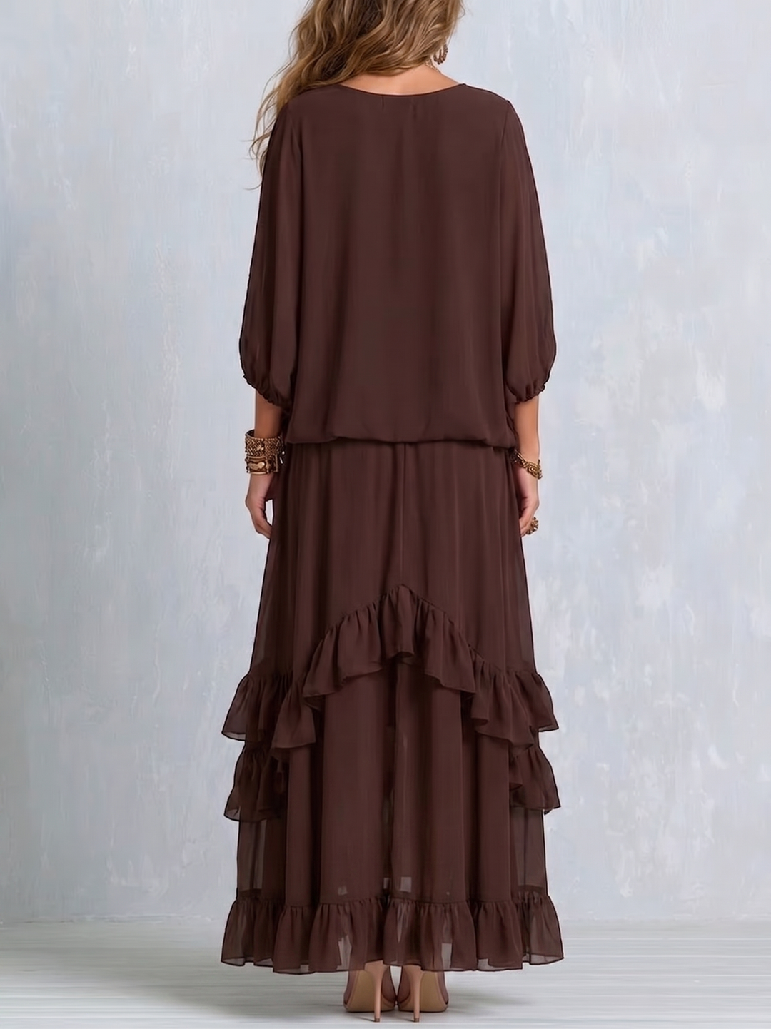 Versatile brown wrap maxi dress for women featuring a V-neck, tiered ruffle hem, and long sleeves. Ideal for boho chic.