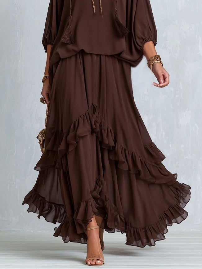 Chic brown wrap maxi dress for women, V-neck, long sleeves, and a tiered ruffle hem. Versatile elegant and casual wear.