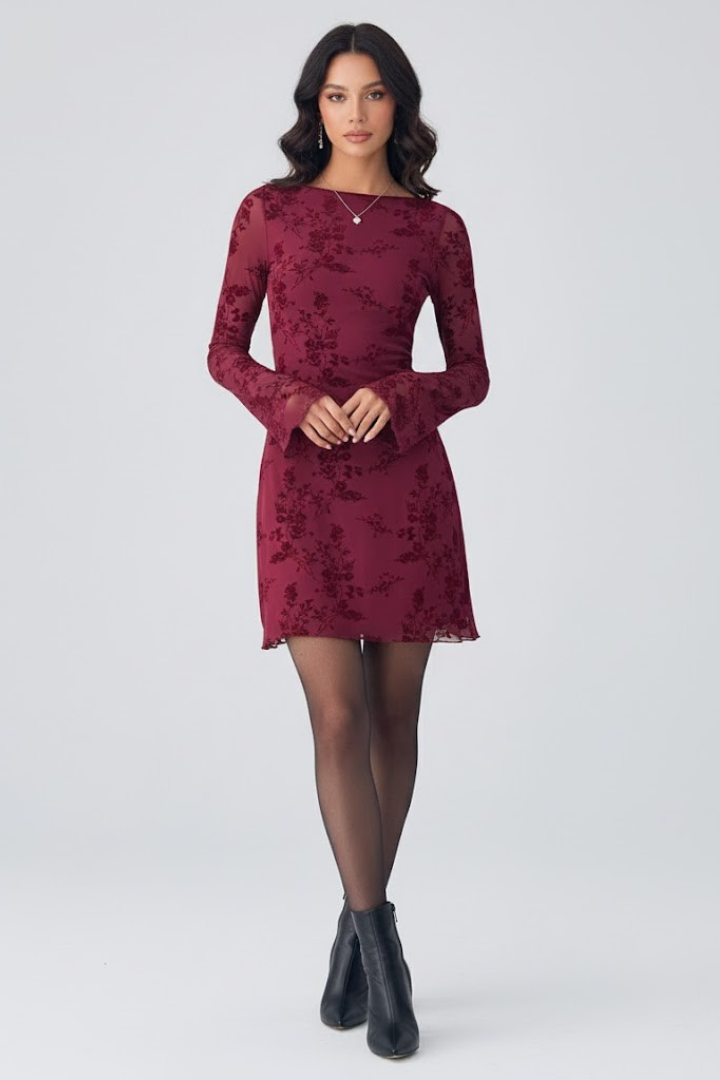Chic women's floral mini party dress in burgundy with a flattering ruched waist.