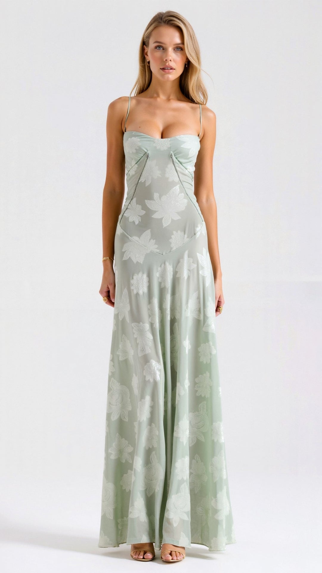 Side profile of the women's bustier maxi dress, highlighting its elegant drape