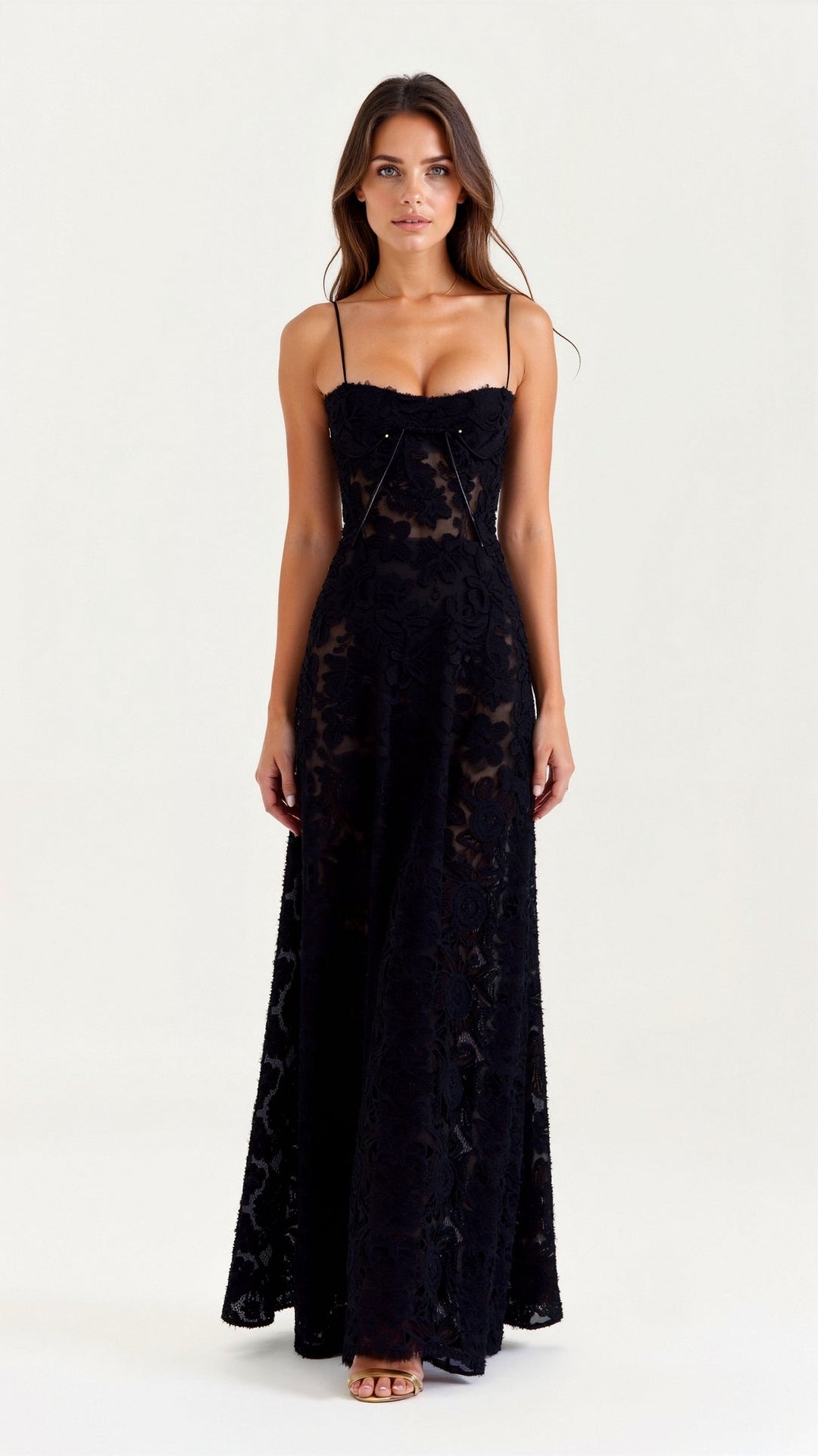 Model wearing the sophisticated women's bustier maxi dress, perfect for weddings