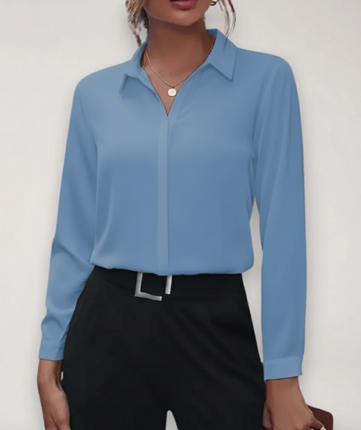 Professional women's blouse with elegant buttons & long sleeves, ideal for career fashion & office style.