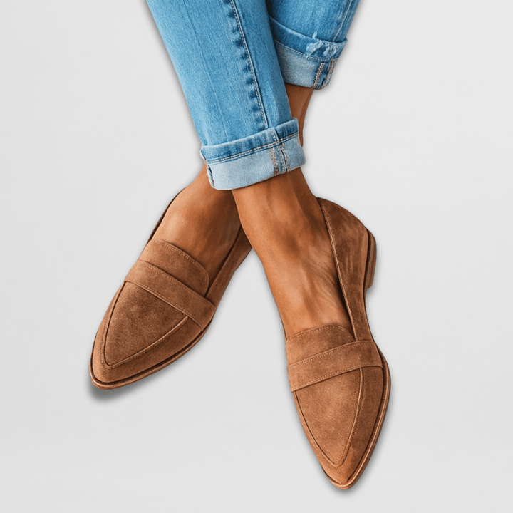 Elegant women's camel pointed-toe flat loafers. Comfortable slip-on shoes for office & stylish everyday wear.