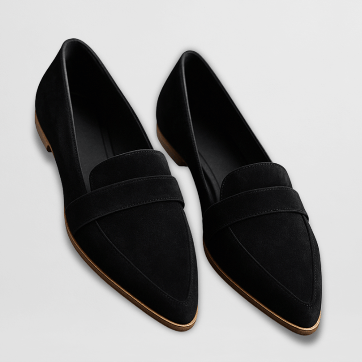 Stylish women's camel pointed-toe flat loafers. Khaki slip-on shoes for women, offering comfort & modern elegance.