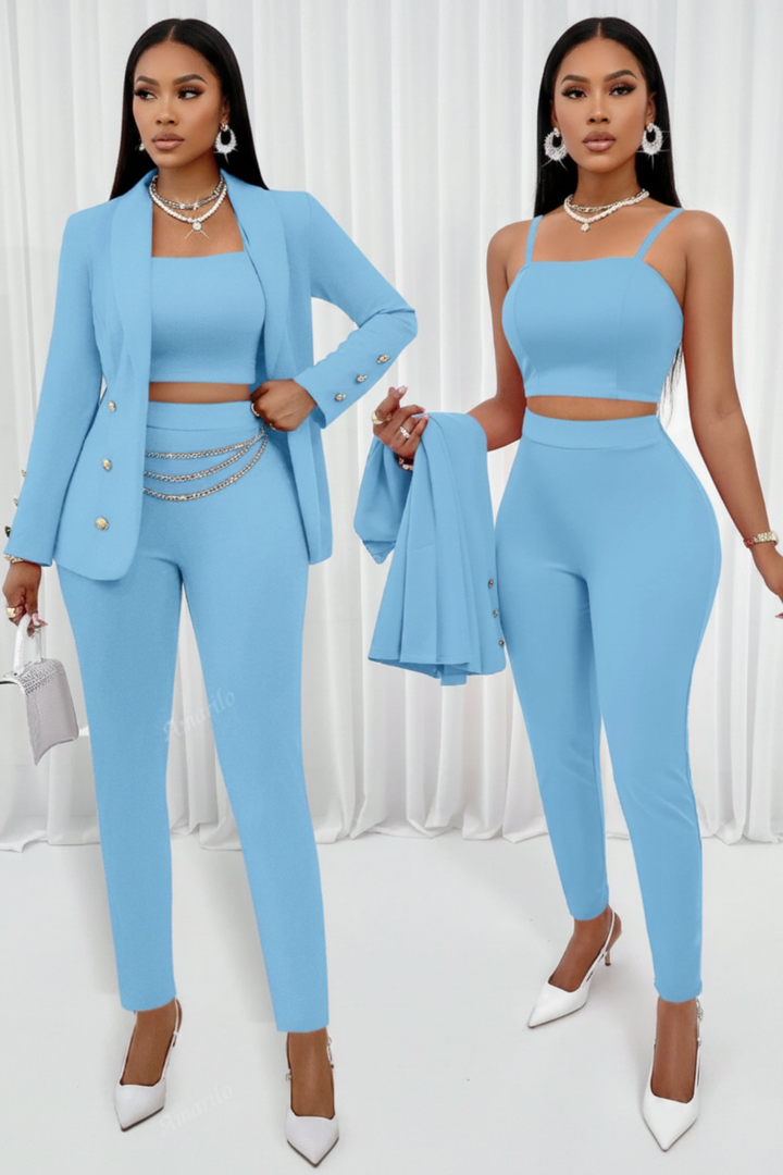 Elegant women's cami pants set with straight-leg trousers, perfect for business casual and modern office wear.