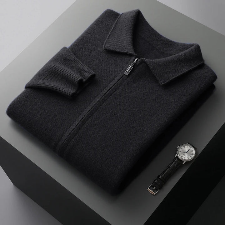 Detail of the zipper on a women's cashmere cardigan, showcasing quality luxury fashion