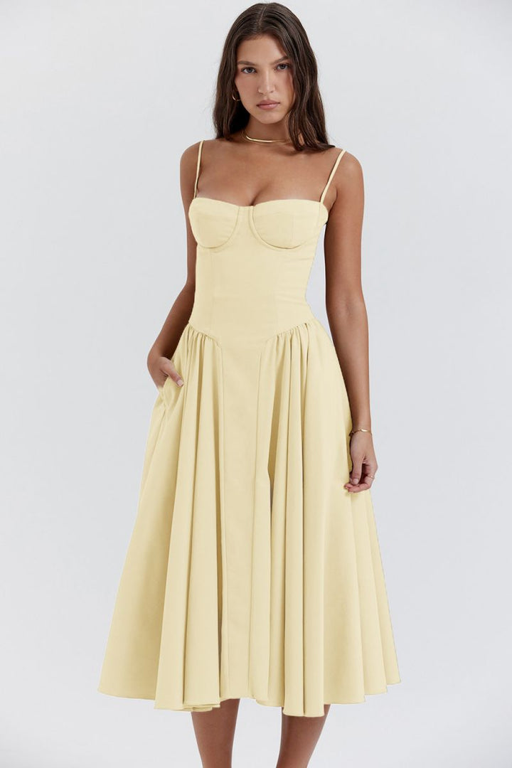Elegant Women's Chic Corset Midi Wedding Guest Dress with sweetheart neckline, perfect for formal occasions.