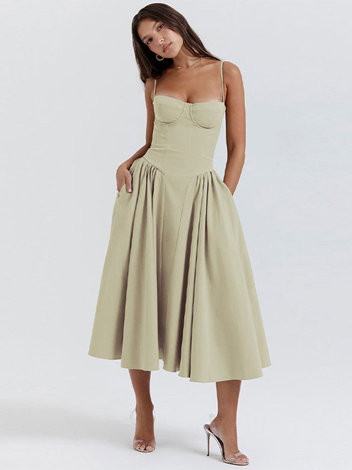 A-line midi corset dress for women, ideal as a wedding guest outfit or elegant party dress.