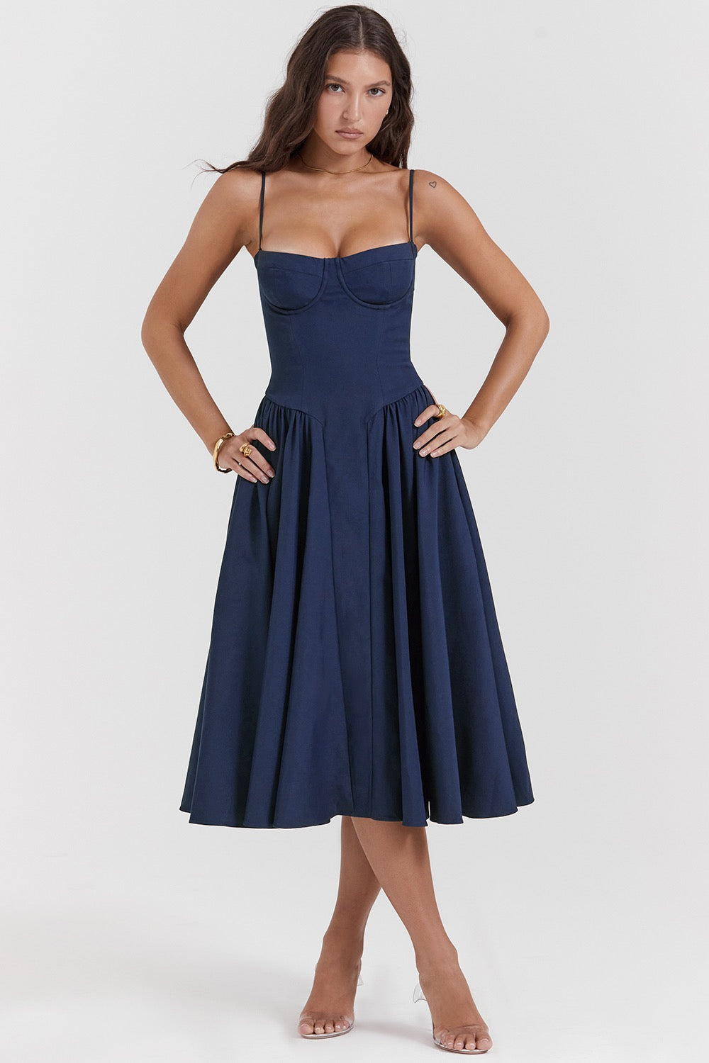 Chic women's corset midi dress, an elegant formal summer dress with a flattering silhouette.