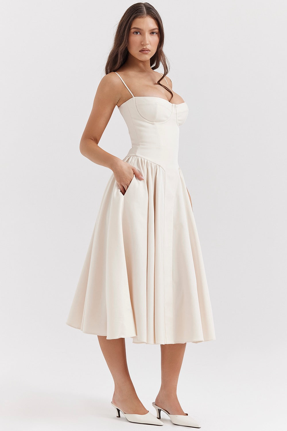 Sweetheart neckline corset midi dress, a stunning wedding guest or special occasion cocktail dress.