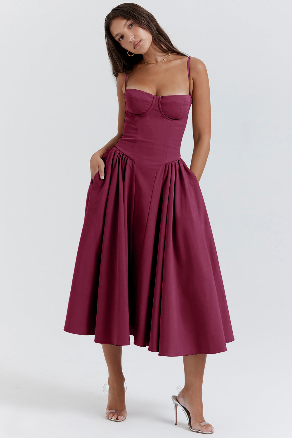 Stylish women's summer midi dress, a formal A-line corset design suitable for wedding guests.
