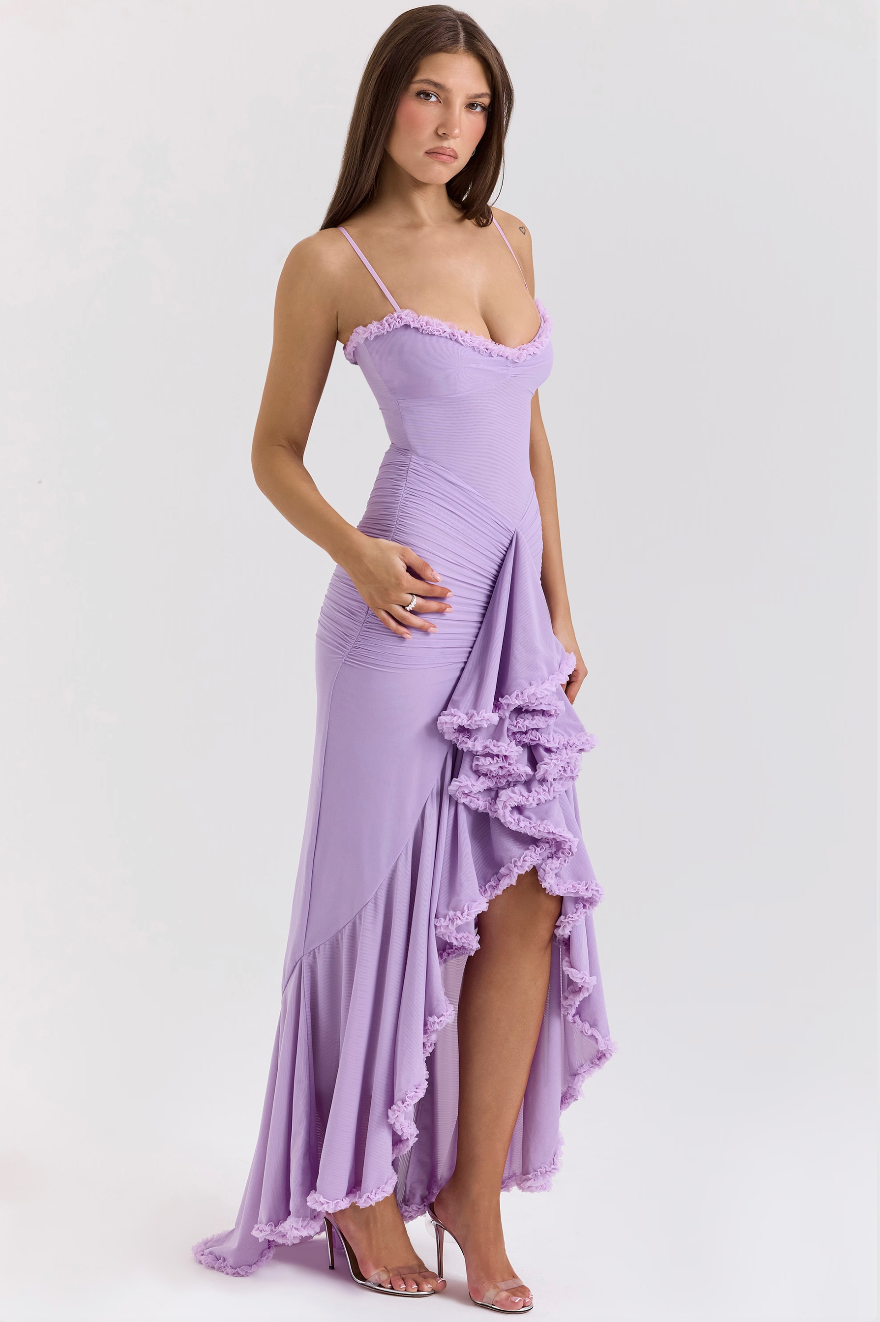 Elegant Ruffle Maxi Dress for women, a chic and flattering wedding guest or cocktail dress.